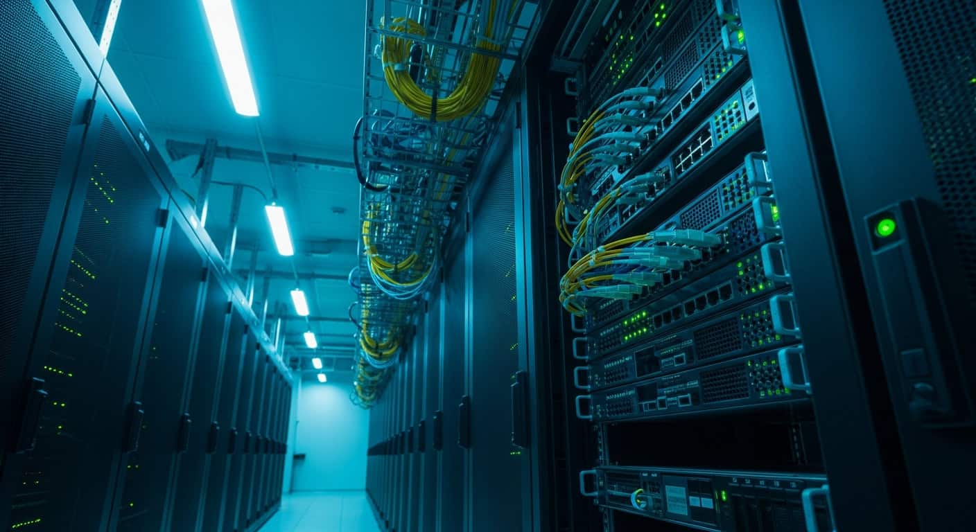 AI_IMAGE: Professional view of modern telecom infrastructure with fiber optic cables and server racks in a clean data center environment, deep navy and dark tones with subtle green indicator lights glowing on equipment, sharp focus on cable management and network switches, conveying reliability and cutting-edge technology. Moody atmosphere with cool blue-green lighting. | photorealistic | landscape